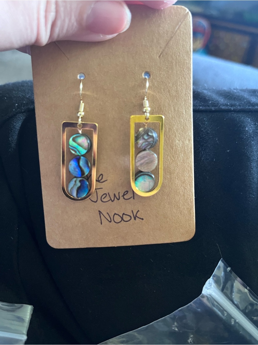 Gold Frame Dangle Earrings with Iridescent Abalone Discs